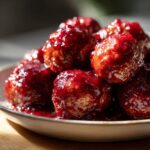 A close-up, appetizing shot of several glossy cranberry meatballs smothered in a rich, dark red sauce.