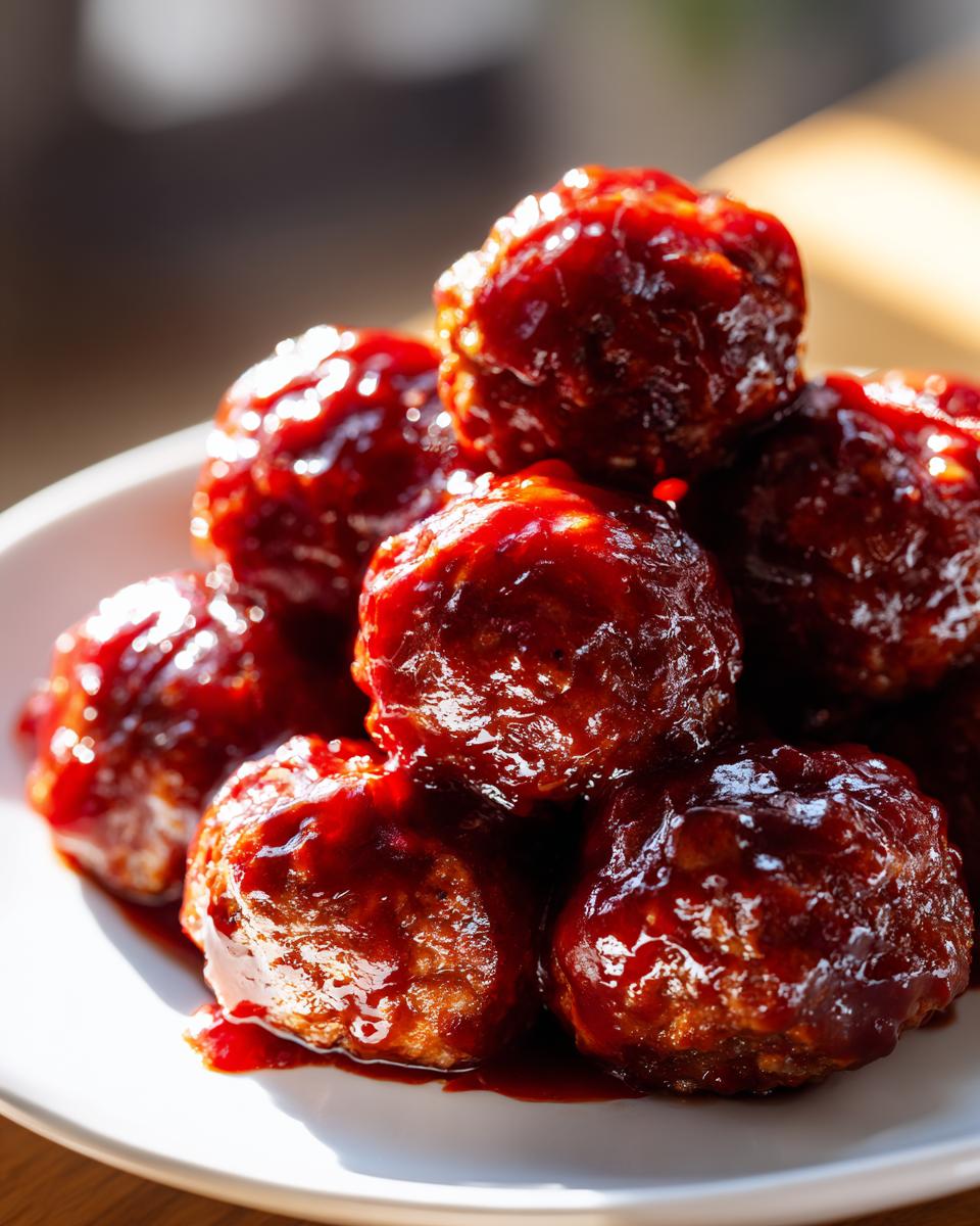A close-up, appetizing shot of several glossy cranberry meatballs piled on a white plate.
