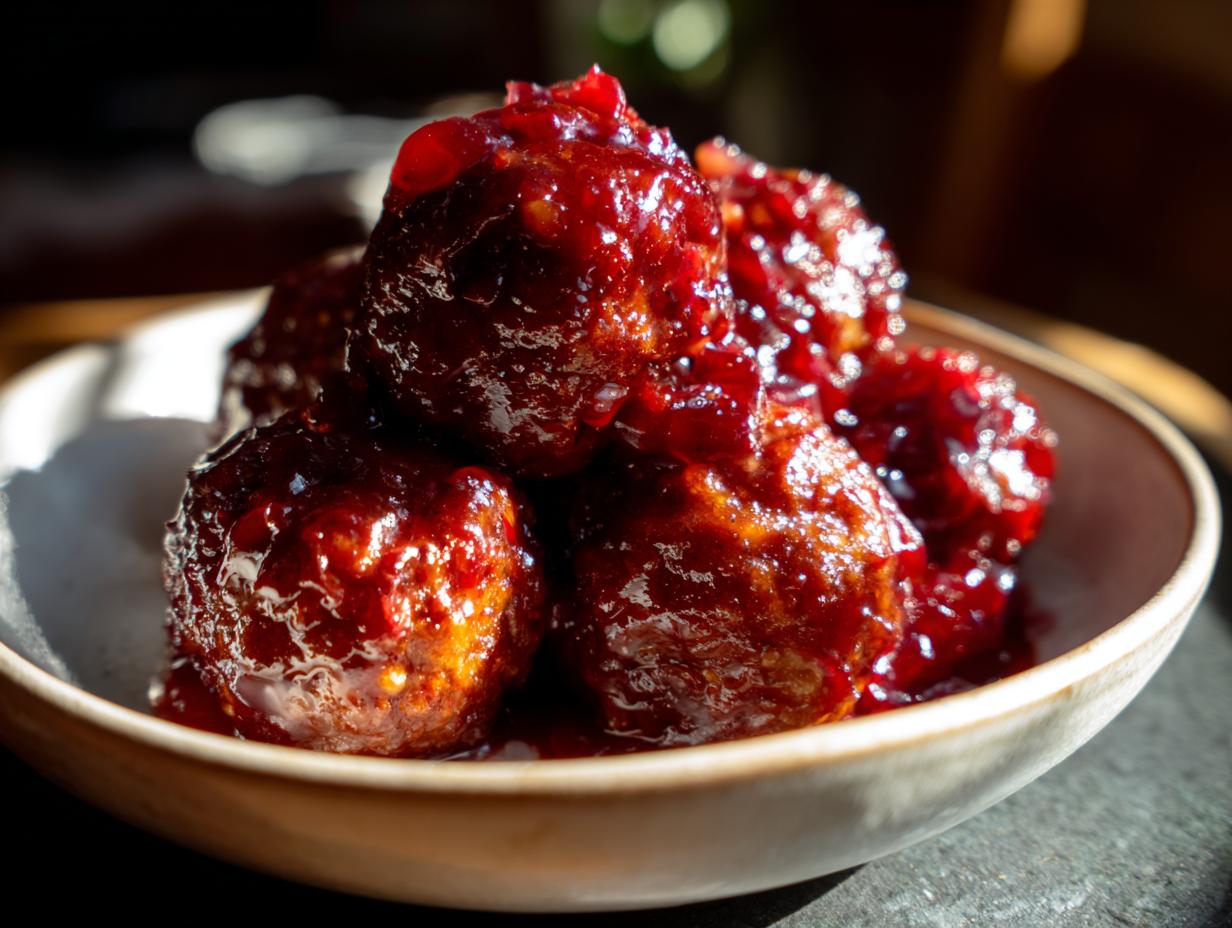 Close-up of several glossy cranberry meatballs coated in a thick, dark red cranberry sauce in a small bowl.