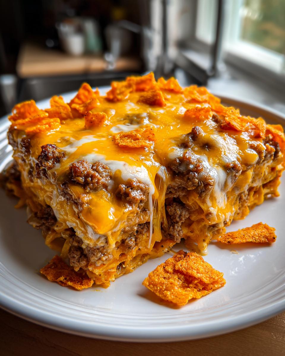 A gooey, cheesy slice of Dorito Casserole topped with melted cheddar and crushed chips.