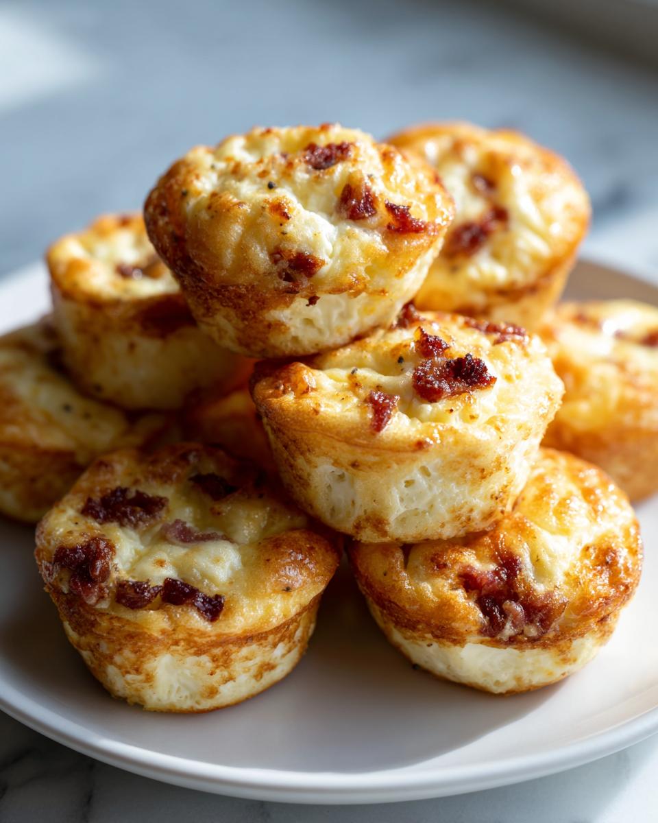 A close-up stack of freshly baked, golden brown egg bites topped with bits of bacon.