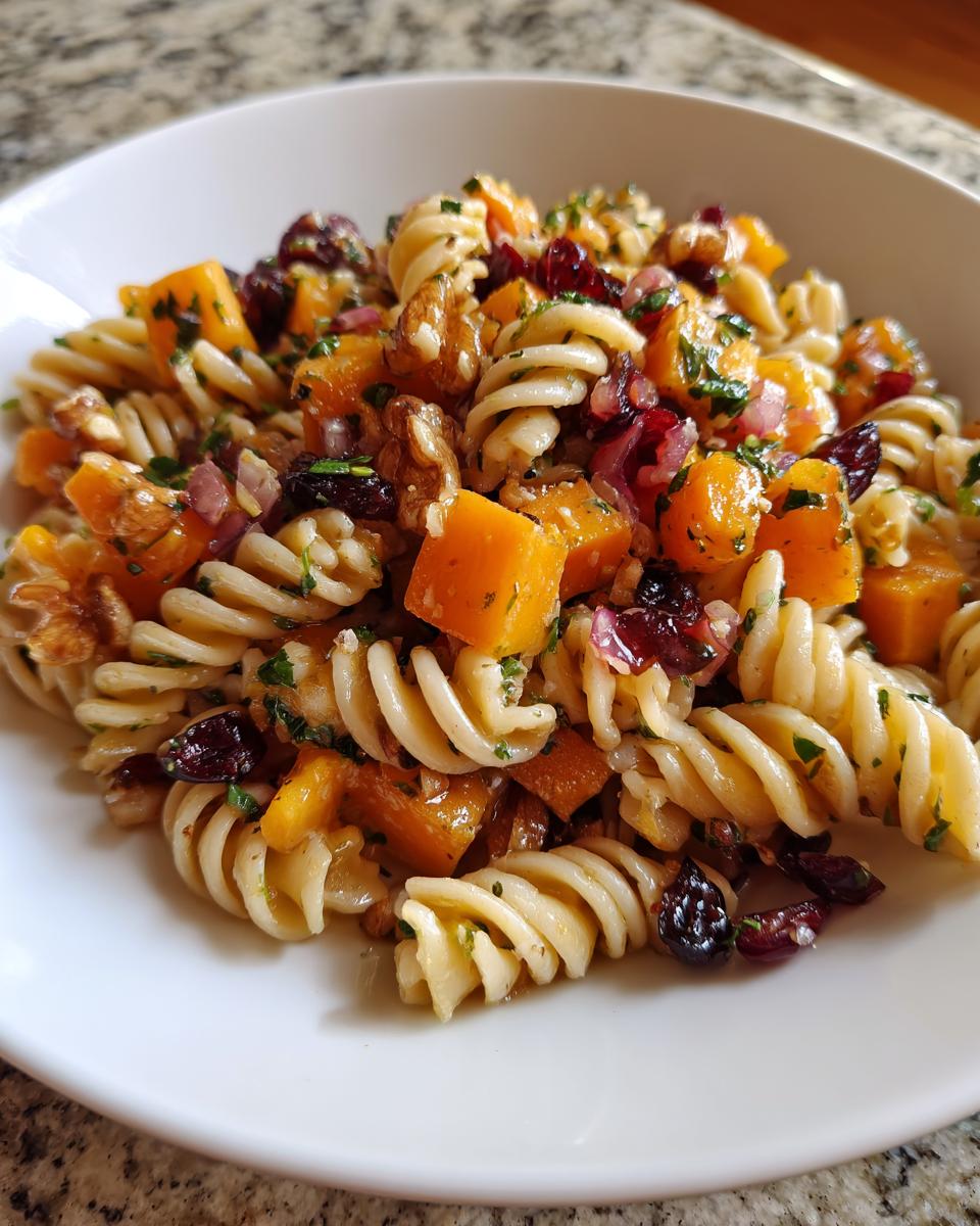 Close-up of a white bowl filled with amazing fall pasta salad featuring fusilli, roasted squash, walnuts, and cranberries.