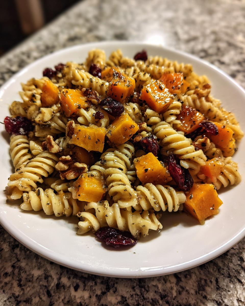 Close-up of a white plate holding a serving of fall pasta salad with rotini, roasted butternut squash cubes, dried cranberries, and walnuts.