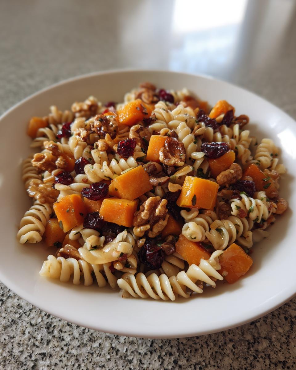 A white bowl filled with amazing fall pasta salad featuring fusilli, roasted butternut squash cubes, walnuts, and dried cranberries.