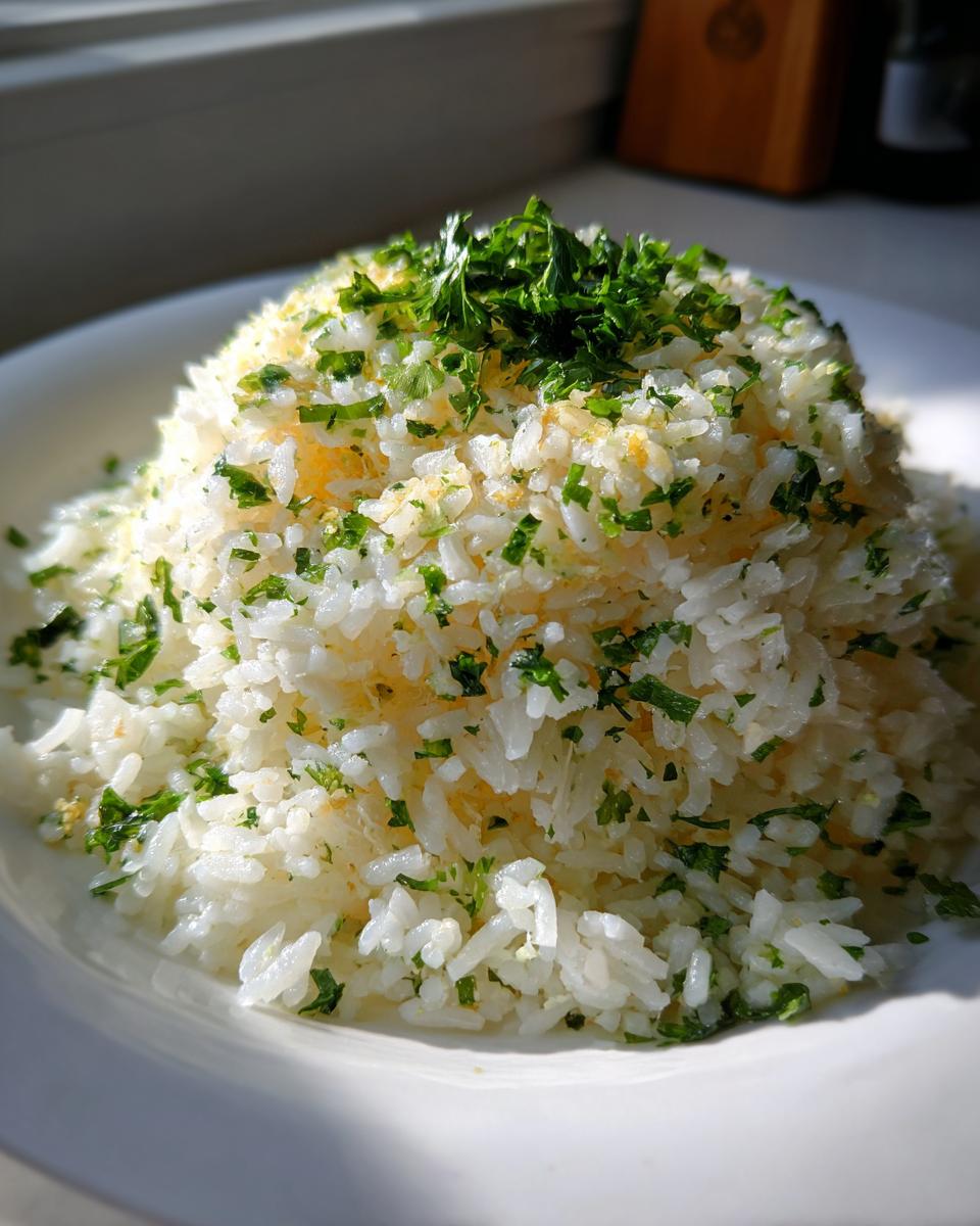 A mound of fluffy white garlic butter rice topped generously with fresh chopped parsley.