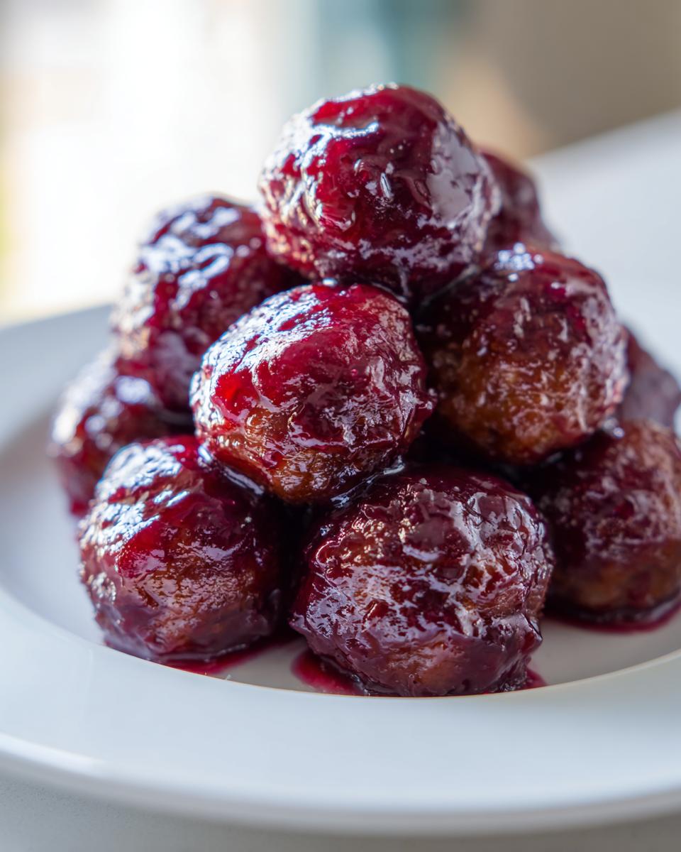 Close-up of a pile of sweet and savory grape jelly meatballs glistening with dark purple sauce on a white plate.