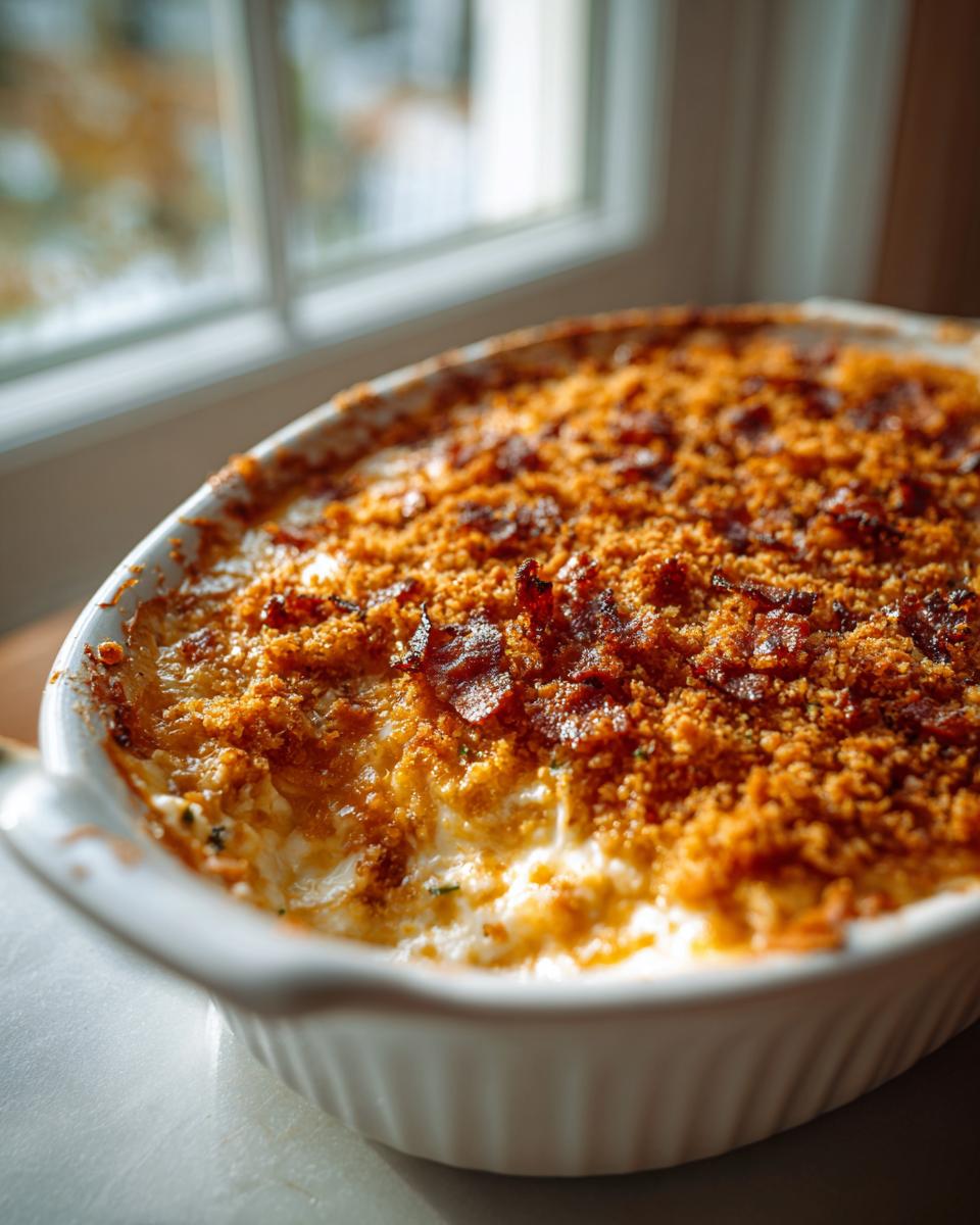 Close-up of hot Jalapeño popper dip in a white baking dish with a crunchy, browned topping.
