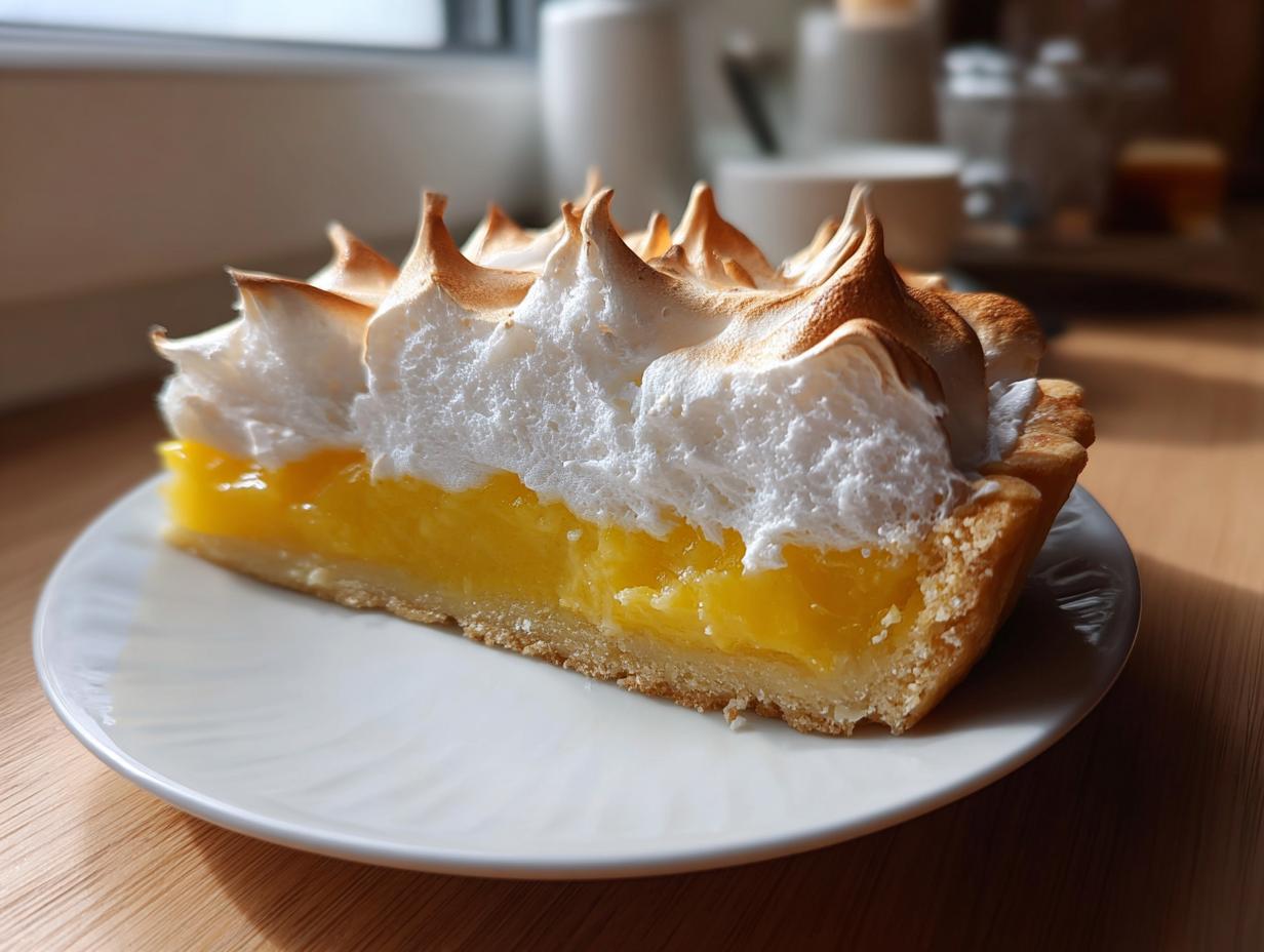 A perfect slice of lemon meringue pie showing bright yellow curd and tall, torched meringue peaks.