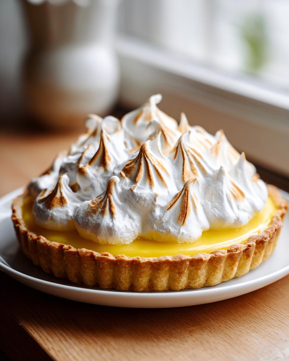 Close-up of a whole lemon meringue tart with a golden crust, bright yellow filling, and peaks of torched meringue.