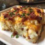 A close-up of a slice of creamy mashed potato casserole topped with melted cheddar cheese, bacon bits, and chives.