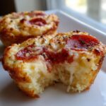 A close-up shot of a pizza muffin with a bite taken out, showing melted cheese pull and pepperoni topping on these amazing pizza muffins.