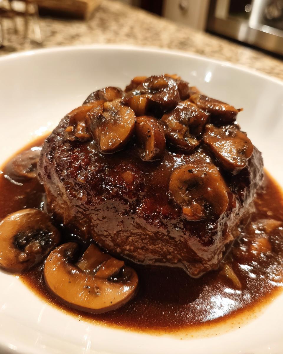 Close-up of a juicy salisbury steak smothered in dark brown mushroom gravy.
