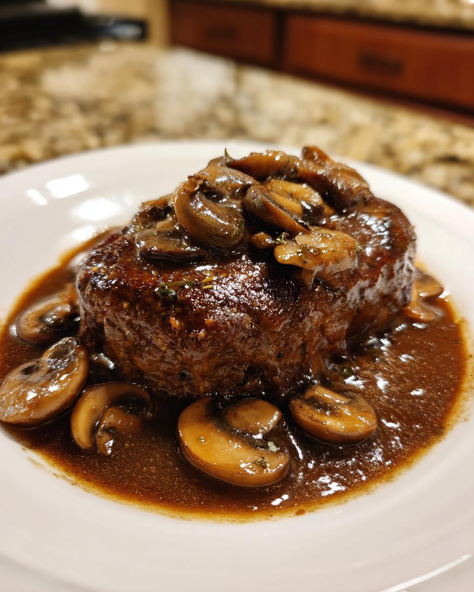 A close-up of a juicy salisbury steak smothered in rich brown mushroom gravy on a white plate.