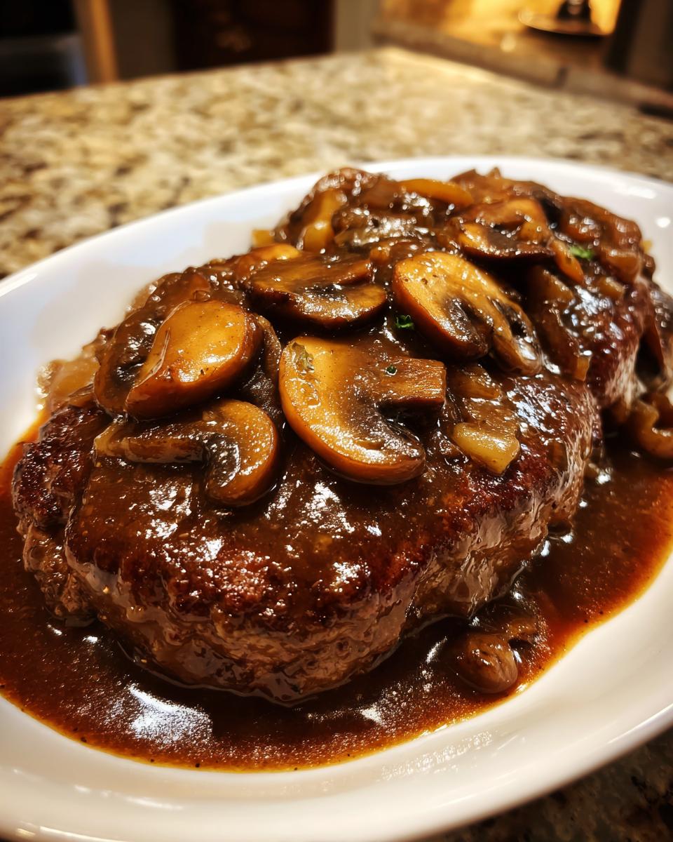 A juicy salisbury steak smothered in rich brown gravy and topped with sautéed sliced mushrooms.