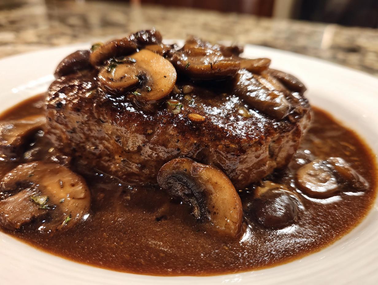 Close-up of a perfectly cooked salisbury steak smothered in rich brown mushroom gravy.