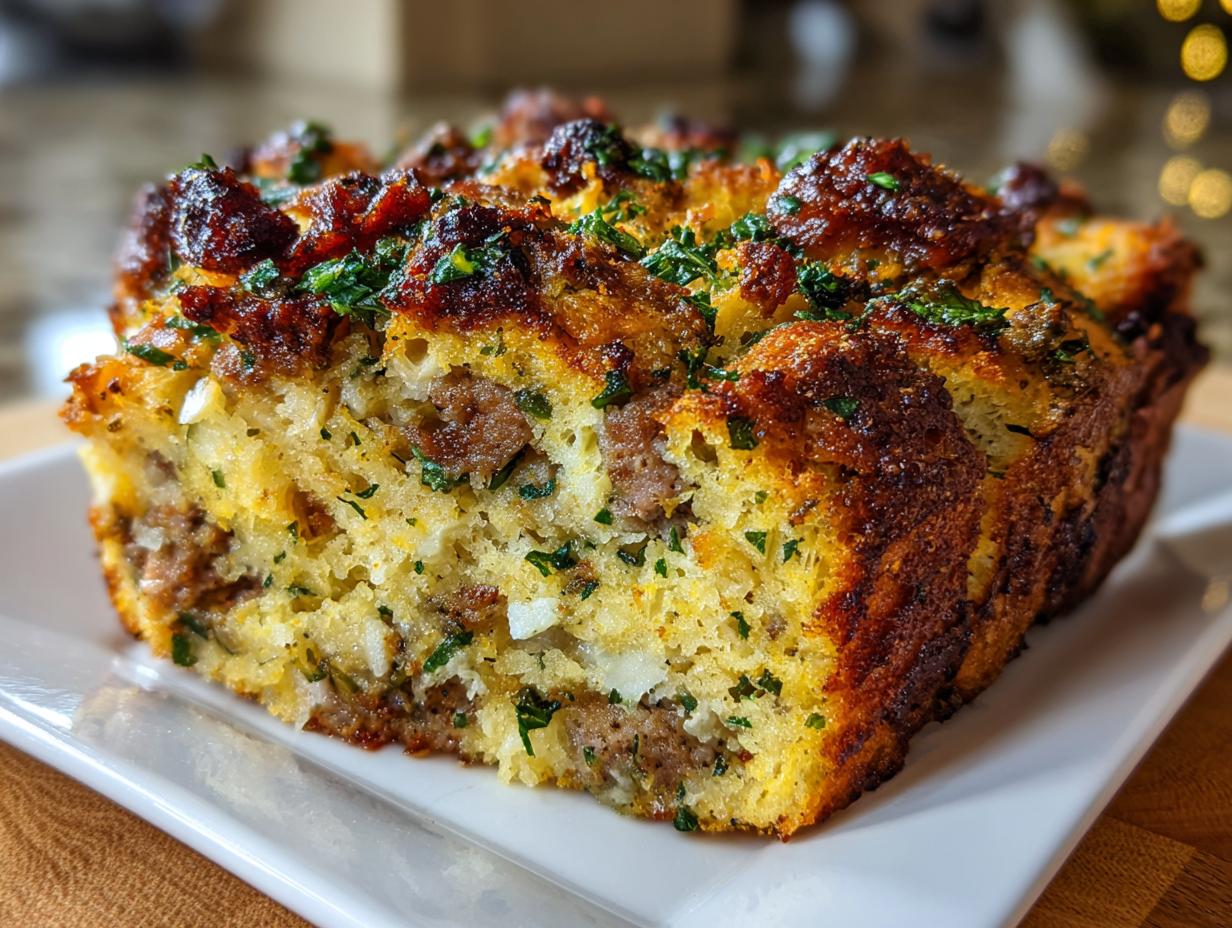 A close-up view of a thick slice of baked sausage stuffing, featuring visible chunks of browned sausage and fresh green herbs.
