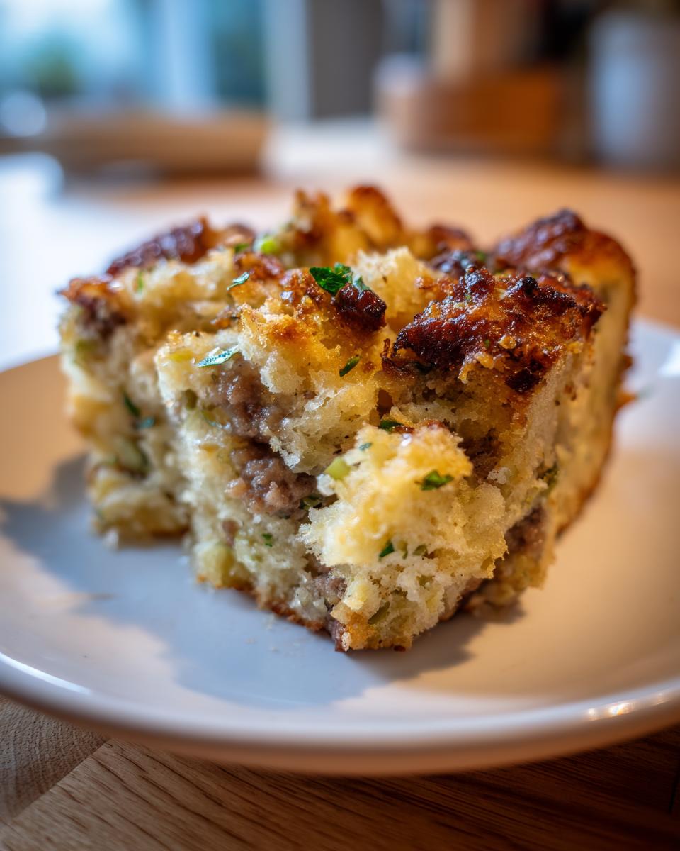 Close-up of a square serving of moist sausage stuffing with a golden brown, crispy top.