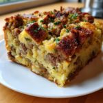 A hearty square slice of baked sausage stuffing, featuring visible ground sausage and a golden-brown, crispy top.