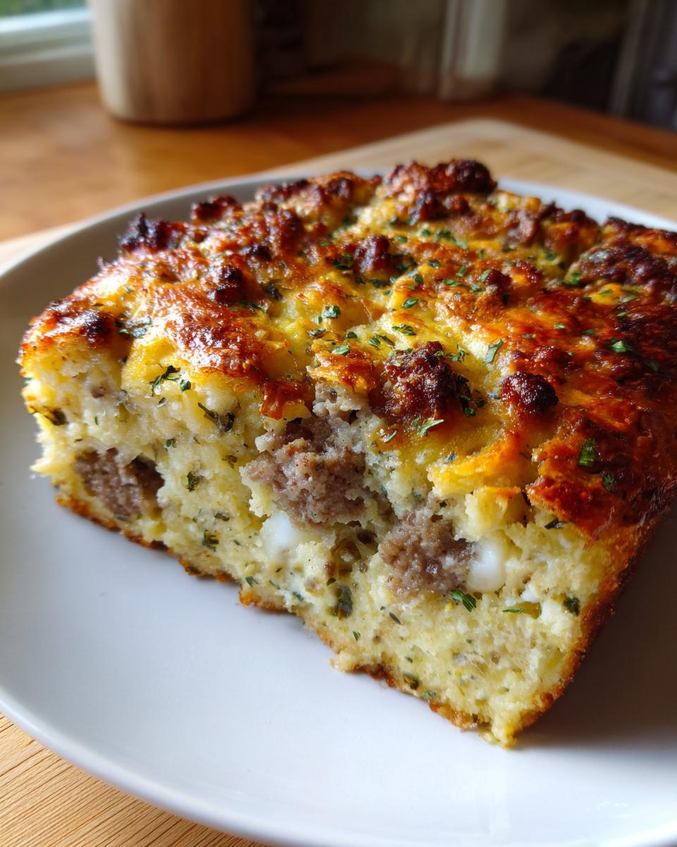 A close-up slice of baked sausage stuffing casserole with a golden, cheesy top and visible chunks of sausage.
