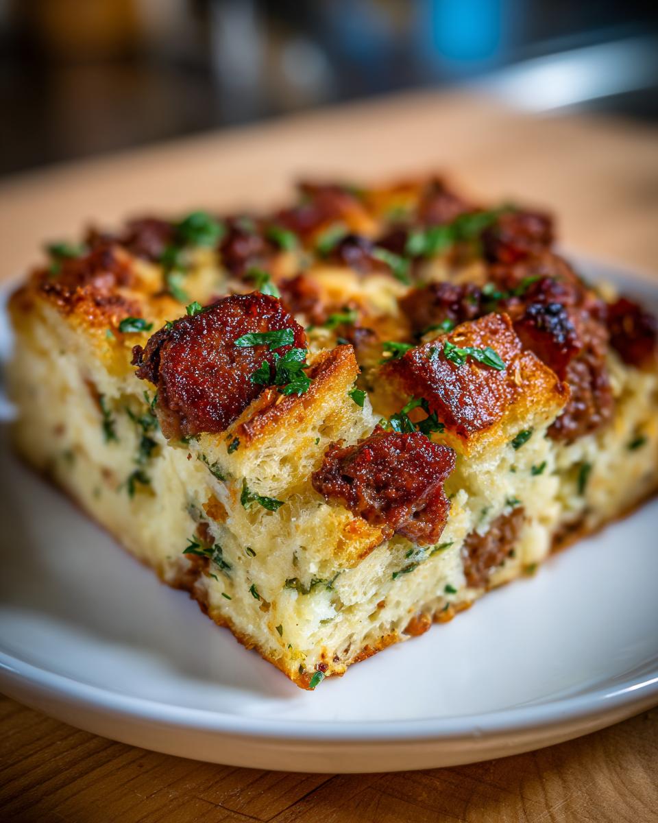 Close-up of a square slice of baked sausage stuffing, topped with browned sausage pieces and parsley.
