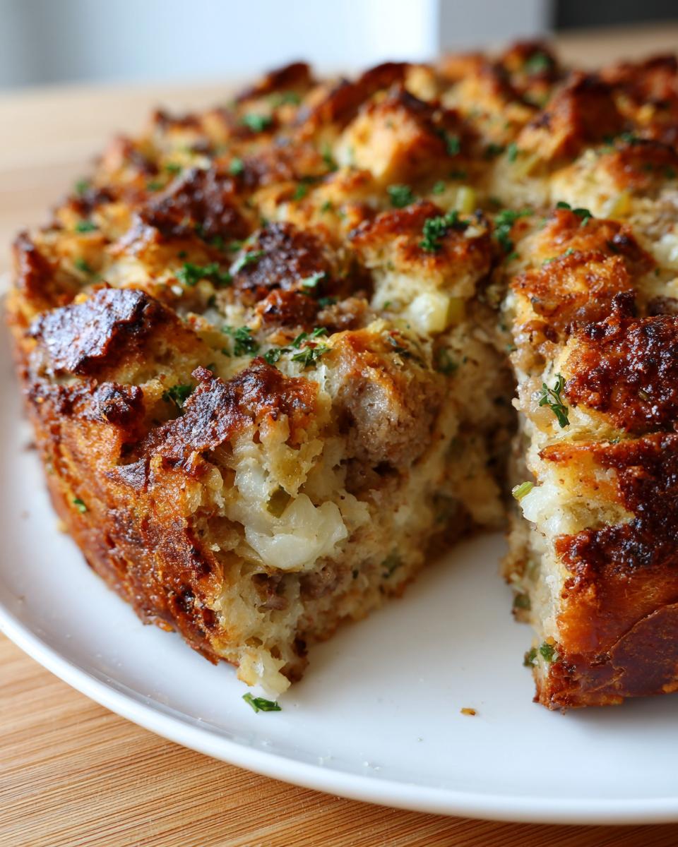 A golden brown, baked sausage stuffing dish with a slice cut out, showing the moist interior with bread chunks and sausage.