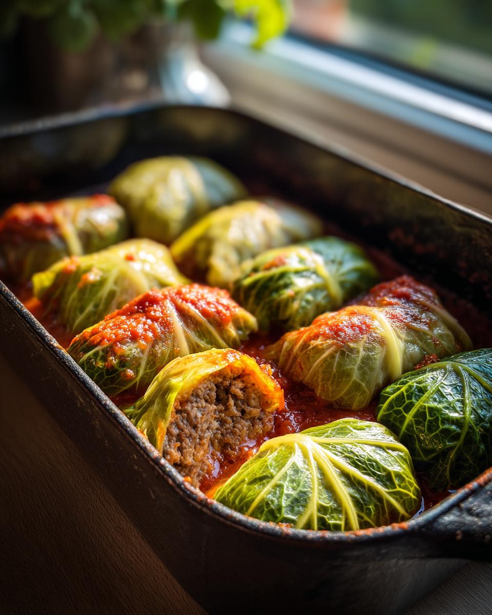 Close-up of baked Stuffed Cabbage Rolls nestled in rich tomato sauce inside a dark baking dish.
