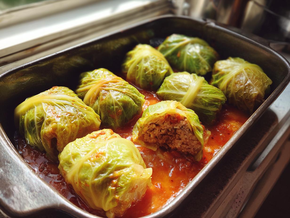 A baking dish filled with freshly cooked Stuffed Cabbage Rolls simmering in a rich tomato sauce, one roll cut open showing the meat filling.