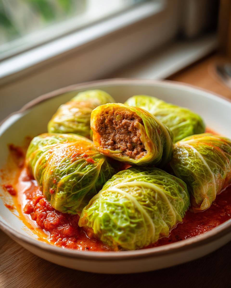 A bowl filled with tender Stuffed Cabbage Rolls simmering in a rich tomato sauce, one roll cut open showing the meat filling.