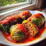 Close-up of Stuffed Cabbage Rolls covered in rich tomato sauce, one roll is cut open showing the savory meat filling.