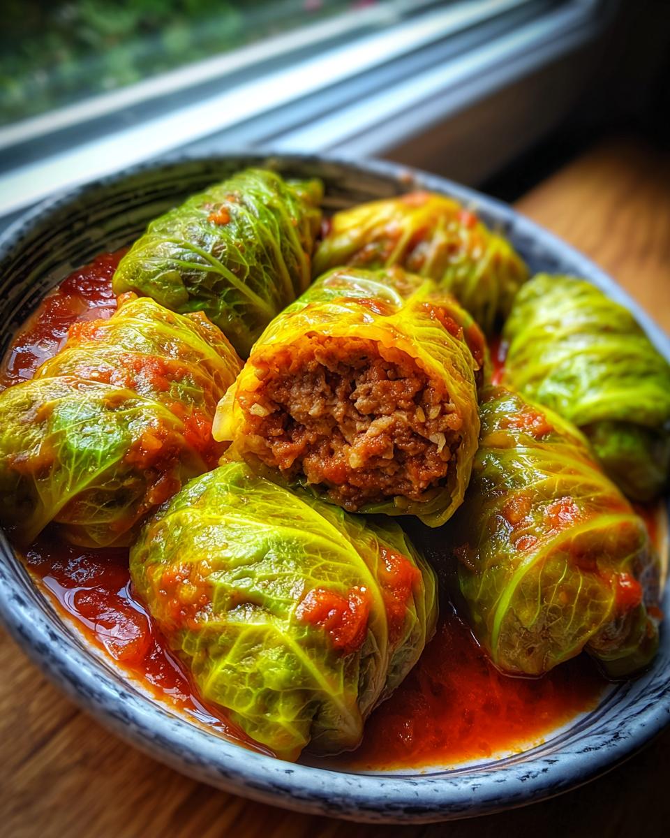 A bowl filled with tender Stuffed Cabbage Rolls simmering in a rich, red tomato sauce, one roll cut open showing the meat and rice filling.