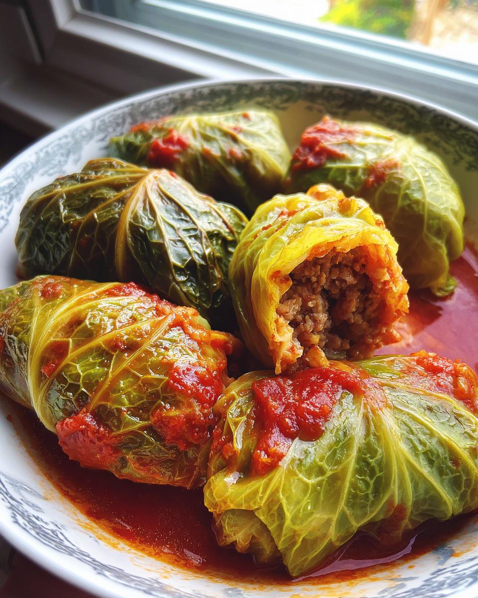 Close-up of several Amazing Stuffed Cabbage Rolls served in a bowl with rich tomato sauce; one roll is cut open showing the meat filling.