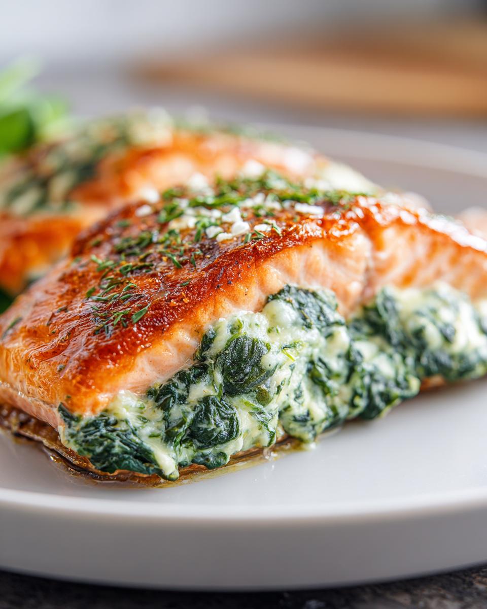 Close-up of a perfectly cooked stuffed salmon fillet oozing creamy spinach filling, garnished with herbs.