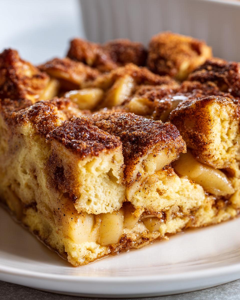 Close-up of a square serving of Apple Cinnamon French Toast baked casserole on a white plate.