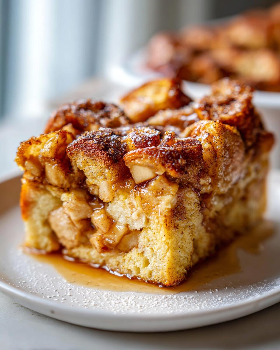A close-up of a thick slice of Apple Cinnamon French Toast, loaded with caramelized apples and drizzled with syrup.