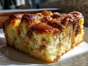 A close-up, sunlit view of a thick slice of Apple Cinnamon French Toast with a caramelized, sugary crust.