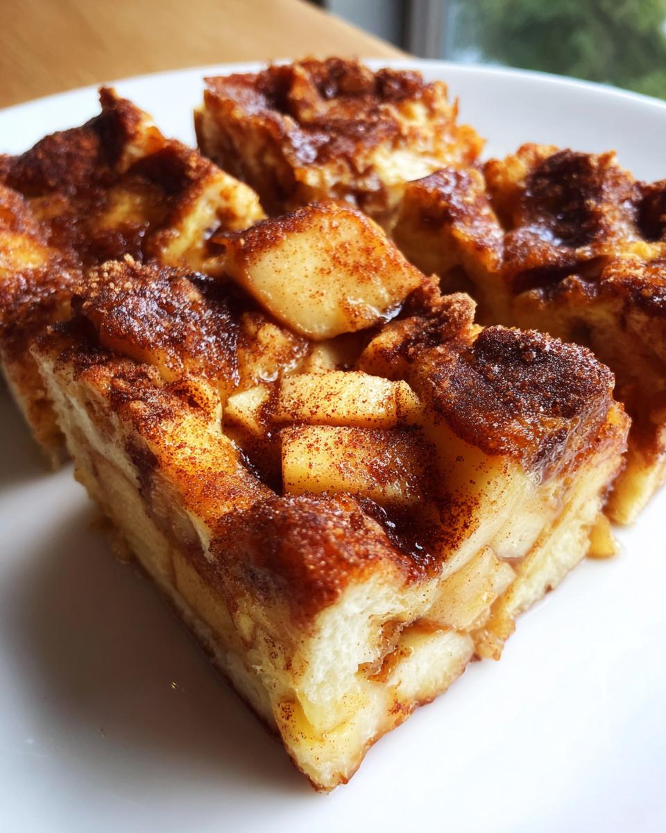 Close-up of baked Apple Cinnamon French Toast squares topped with cinnamon sugar and cooked apple pieces.