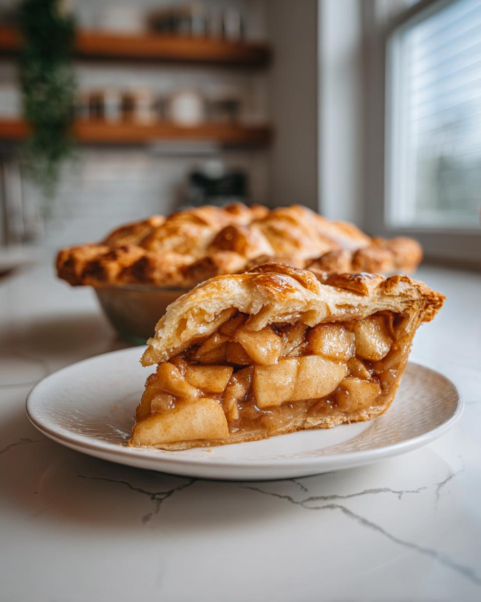 A close-up of a thick slice from an apple pie recipe showing flaky crust and chunky, spiced apple filling.