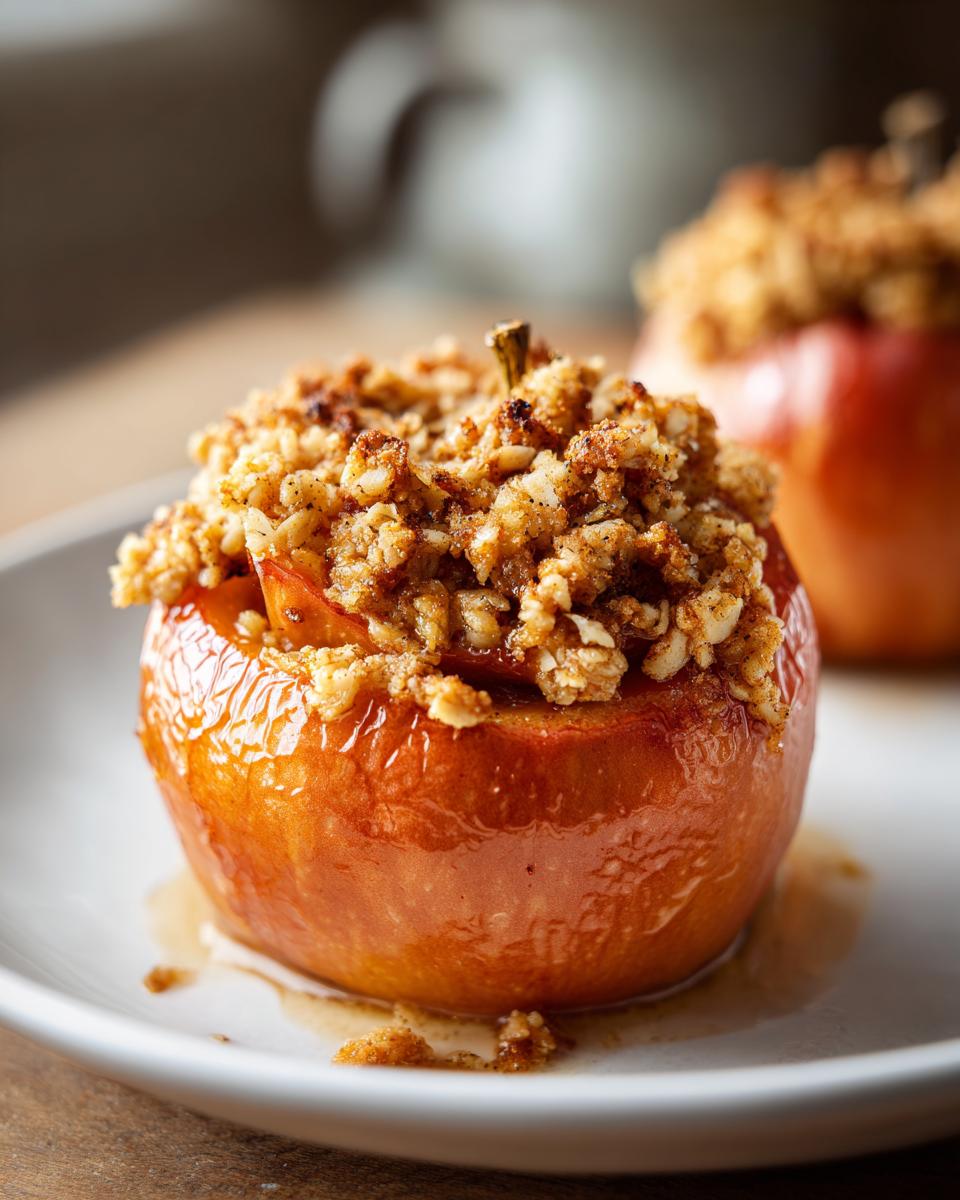 A close-up of one perfectly glazed baked apples topped generously with a brown sugar and oat crumble.