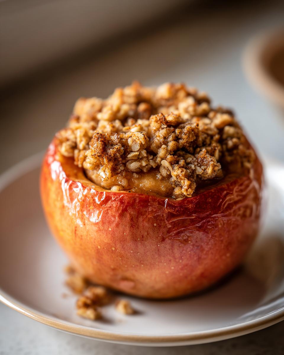 A single, glossy red baked apples serving topped generously with a brown, crunchy oat crumble mixture.