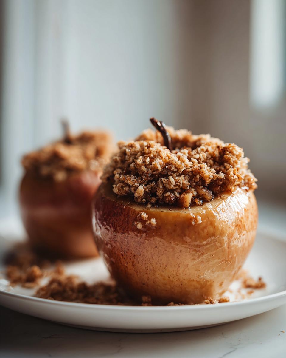 A close-up of two glistening baked apples topped generously with brown sugar crumble, ready to eat.