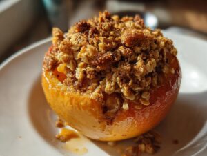 A close-up of a single baked apples dessert topped generously with a golden brown oatmeal crumble.