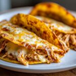 Close-up of baked chicken tacos overflowing with shredded chicken and melted cheese.