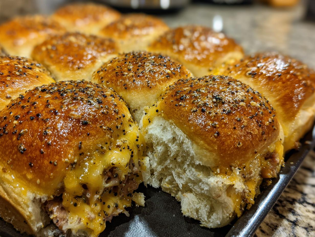 A close-up of freshly baked Ham and Cheese Sliders, gooey with melted cheese and topped with a savory poppy seed glaze.