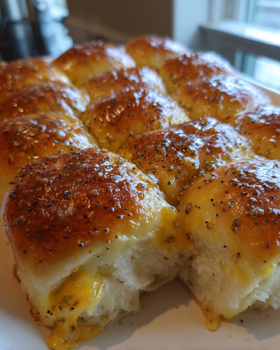 Close-up of baked Ham and Cheese Sliders with melted cheese oozing out and a glossy, poppy seed topping.