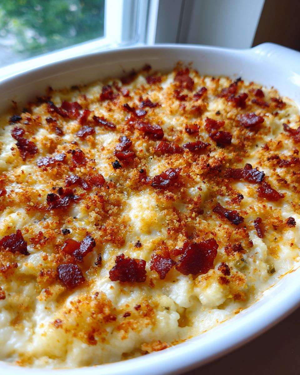 Close-up of baked Jalapeño popper dip topped with crispy bacon bits and breadcrumbs.