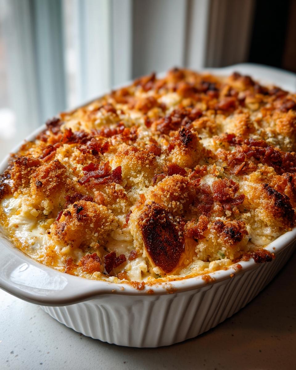 Close-up of hot, baked Jalapeño popper dip in a white casserole dish topped with golden breadcrumbs and bacon.