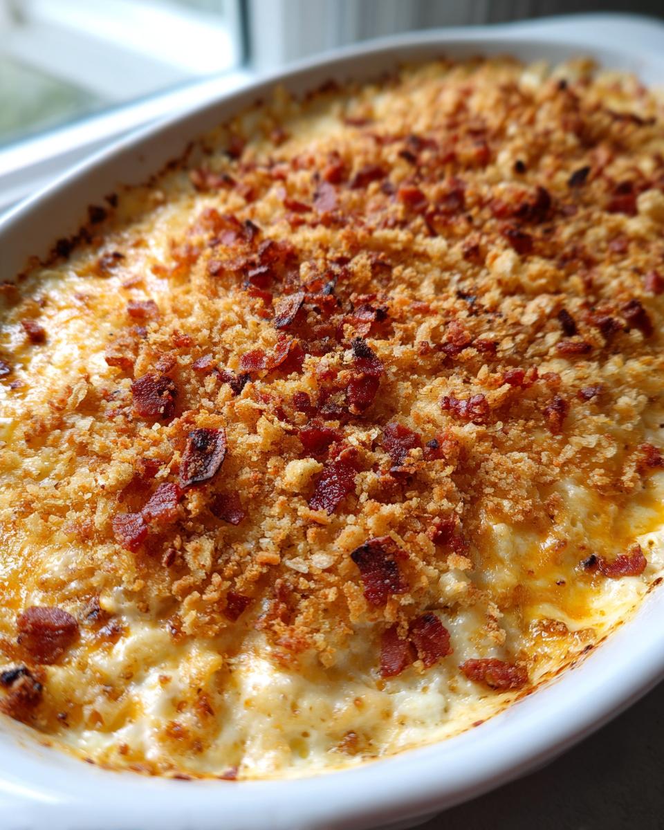 Close-up of baked Jalapeño popper dip bubbling in a white dish, topped with golden breadcrumbs and bacon bits.