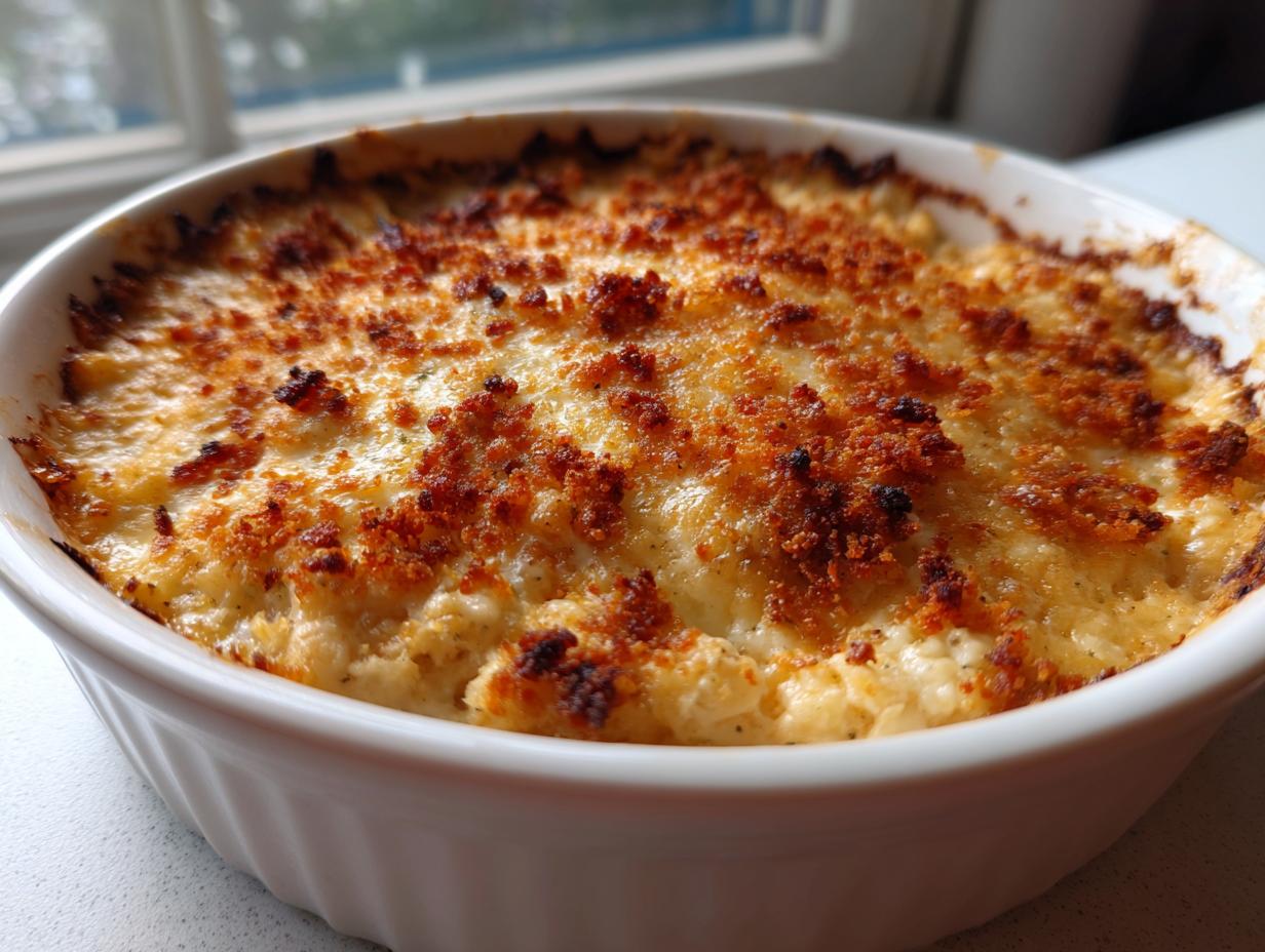 Close-up of hot, baked Jalapeño popper dip in a white casserole dish with a crispy, browned topping.