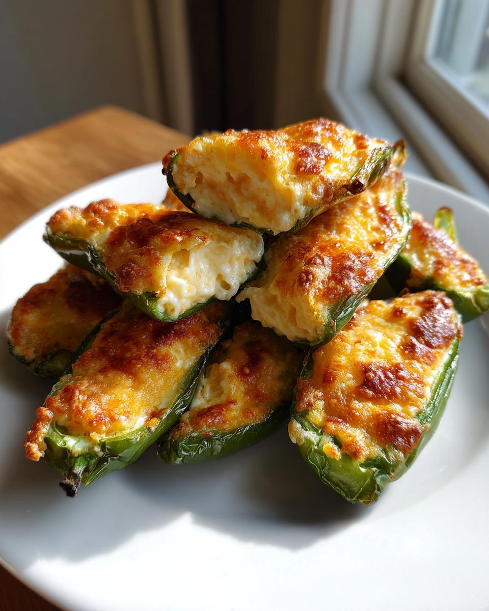 A stack of baked Jalapeño poppers, halved and filled with creamy cheese, featuring a golden-brown, melted topping.
