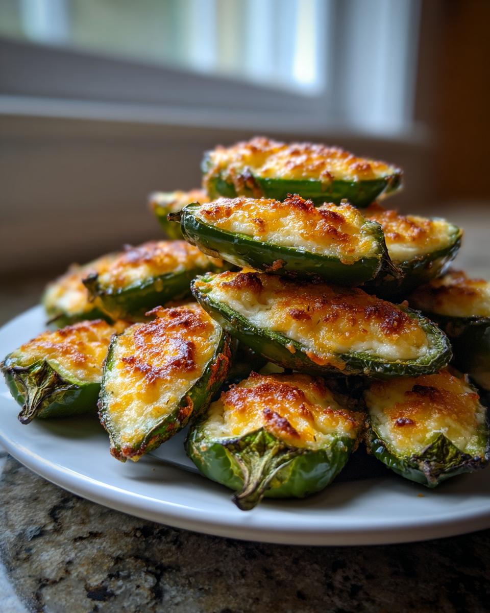 A stack of freshly baked jalapeño poppers filled with cheese and browned on top, ready to eat.